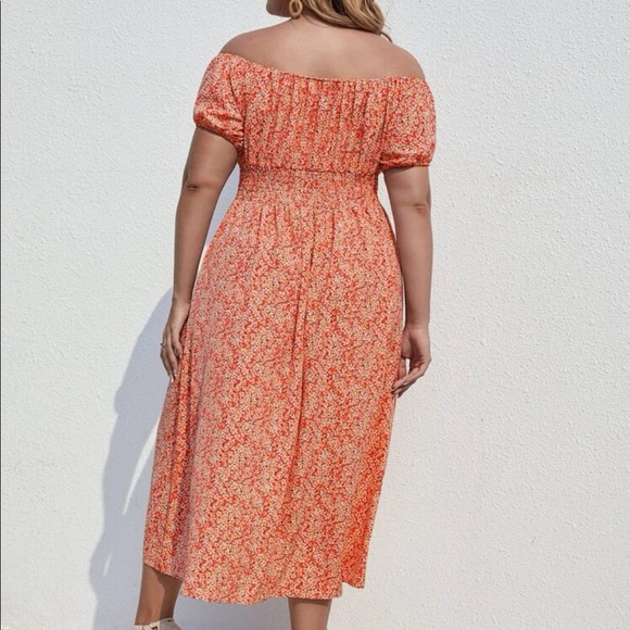 Floral print shirred off shoulder dress orange SOLD OUT - Picture 4 of 5